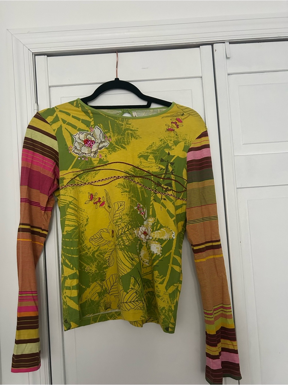 Kenzo Yellow-Green Floral Long-Sleeve Tee with Multicolor Striped Sleeves